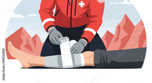 Paramedic applying bandage to injured leg in mountainous terrain