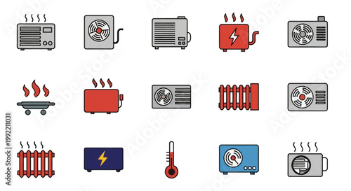 Set of professional HVAC icons featuring air conditioning outdoor units, electric radiators, portable heaters, thermometers, ventilation fans, and climate control system components.