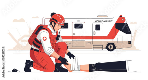 Paramedic applying bandage to injured leg with mobile aid unit in background