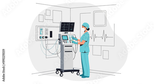 Nurse in surgical mask operating medical equipment in operating room