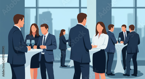Flat vector illustration of professional businessmen and businesswomen in formal suits networking at a corporate cocktail event or office party with wine glasses and city views.