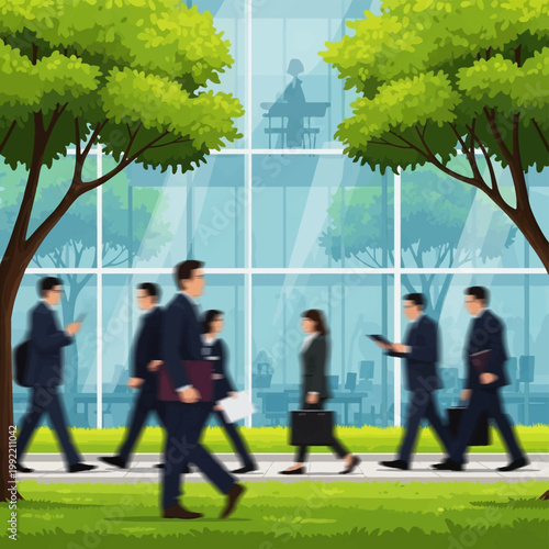 Vector illustration of business professionals in suits walking past a modern glass office building with green trees and motion blur to represent a busy workday morning commute.