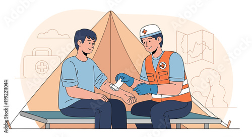 Paramedic applying bandage to injured man in tent, first aid and emergency medical care concept