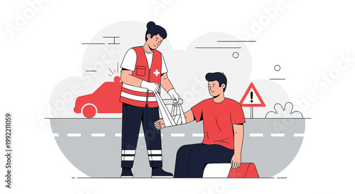 Paramedic applying bandage to injured man's arm after accident, emergency scene with car and warning sign