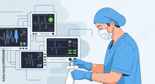 Nurse in surgical scrubs and mask sanitizing medical equipment near vital signs monitors