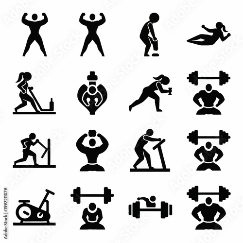Collection of sixteen black vector silhouette icons depicting gym fitness activities including bodybuilding poses, weightlifting with barbells, treadmill running, and stationary cycling.