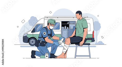 Paramedic Applying Bandage to Injured Man's Leg Next to Ambulance