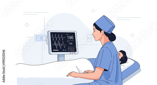 Nurse Monitoring Patient Vital Signs on EKG Machine in Hospital Room