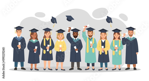 Diverse Group of Graduates Celebrating Academic Achievement and Tossing Caps.