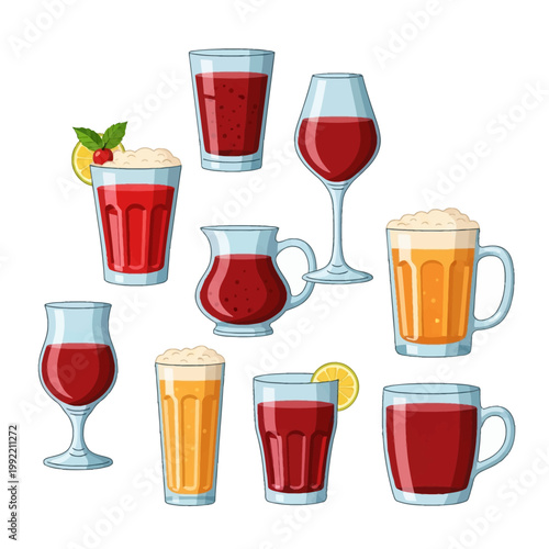 Flat vector illustration set of diverse alcoholic beverages featuring beer mugs with foam, glasses of red wine, a carafe, and cocktails with garnishes on a white background.