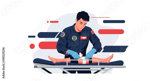 Paramedic Applying Bandage to Patient's Leg on Stretcher, Medical Emergency Scene