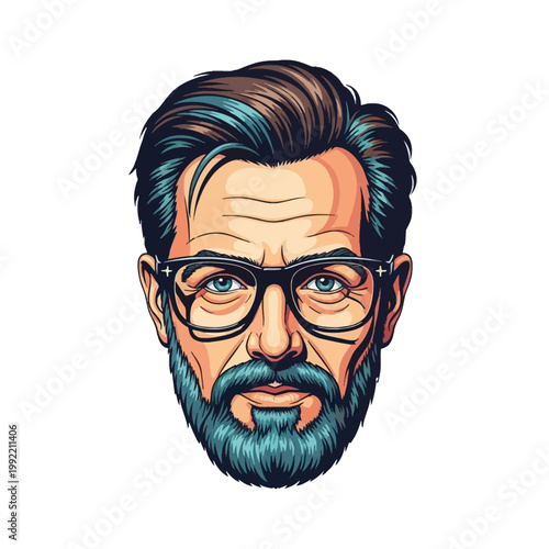 Vector portrait of a middle-aged man with a blue-tinted beard, thick black glasses, and groomed hair, styled in detailed comic book pop art illustration on white background.