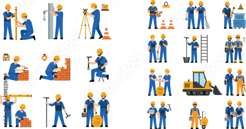 Construction Worker Professions Vector Set Featuring Builders Engineers Surveyors Electricians and Laborers with Tools Equipment and Machinery for Building Site Design