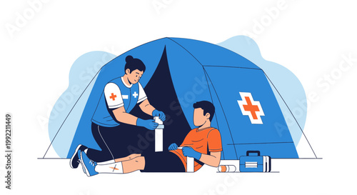 Paramedic provides first aid to injured person in a medical tent, emergency medical services concept