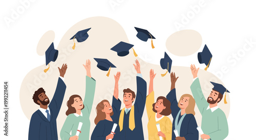 Diverse Group of Graduates Celebrating Academic Achievement by Throwing Caps.