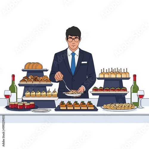 Illustration of a man in a business suit and glasses serving food from an elegant catering buffet table with tiered appetizer trays, finger foods, wine bottles and glasses on white