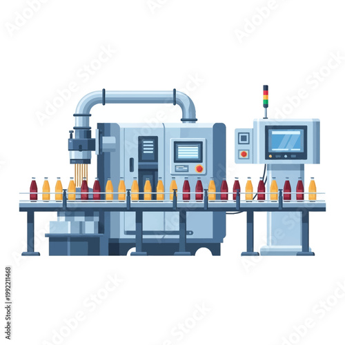 Vector illustration of an automated beverage bottling production line with a conveyor belt transporting glass bottles filled with red and orange juice past a control panel.