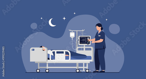 Nurse Monitors Patient on Ventilator in Hospital Room at Night