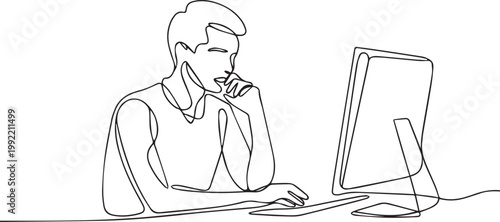 Man sitting at desk with computer looking thoughtful isolated on white background