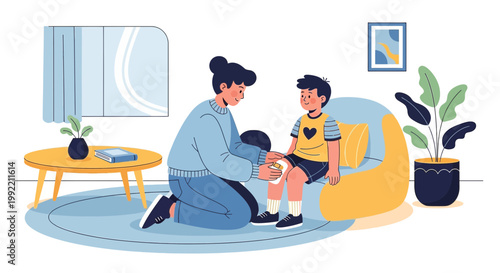 Parent applying bandage to child's knee injury at home, caring and first aid concept