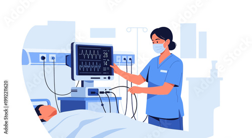 Nurse Monitors Patient Vital Signs on ICU Monitor in Hospital Room