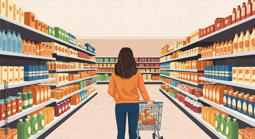 A flat vector illustration of a woman from behind, wearing an orange sweatshirt and blue jeans, pushing a metal shopping cart through a grocery store aisle filled with stocked shelves of food.