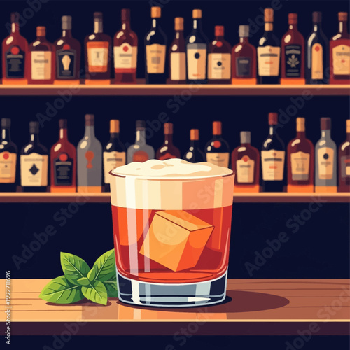 Flat vector illustration of a whiskey sour cocktail in a rocks glass with a large ice cube and foam, garnished with mint on a wooden bar counter with liquor bottles on shelves.