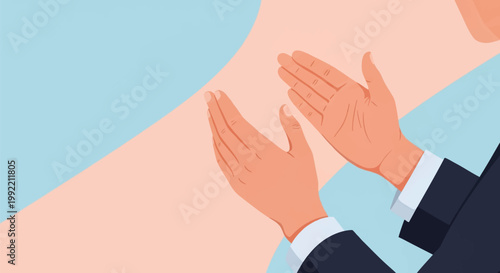 Flat vector illustration of human hands applauding in close-up. A person in a dark business suit and white shirt cuffs claps their hands against a blue and peach background.