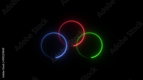 Red, blue, and green colors in a neon glowing 3-circle frame background. Repetitive motion animation on a black background. 4k