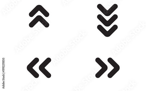 Collection of four distinct double chevron arrow icons indicating direction and navigation, perfect for digital interfaces and design.