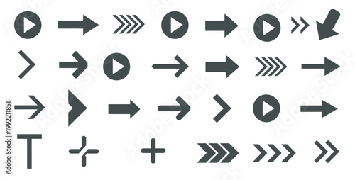 Diverse collection of arrow icons and symbols including play buttons, chevrons, and directional pointers for navigation and interface design elements.