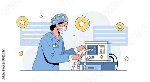 Nurse Operating Ventilator Machine in Modern Hospital Room