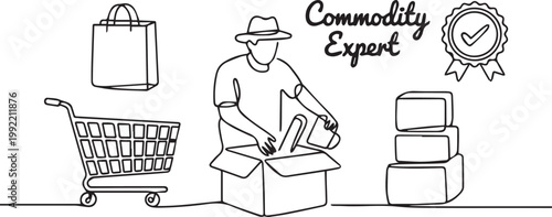 Commodity expert illustration with shopping cart and boxes isolated on white background