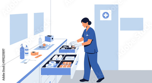 Nurse Organizing Medical Supplies in a Clinic Drawer, Healthcare and Medical Assistance