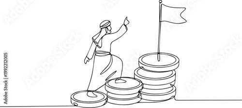Businesswoman standing on coins with flag on top stack