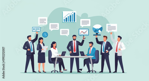 Flat vector illustration of a diverse team of business professionals collaborating in a meeting room with data charts, line graphs, and speech bubbles for strategic planning.