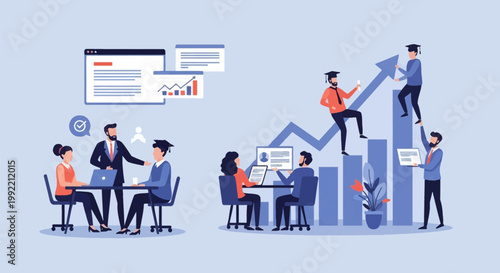 Flat vector illustration depicting recruitment and career advancement with graduates climbing a bar chart, professionals conducting interviews, and digital data interface elements.