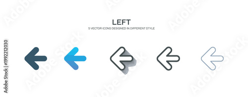Group of five left-pointing arrow icons in diverse styles, featuring solid, gradient, outlined, and shadowed variations, ideal for digital navigation and directional cues.