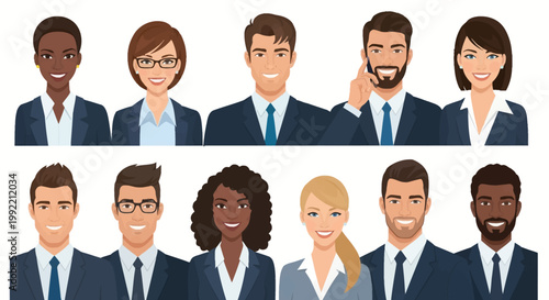 Diverse collection of 11 multiethnic professional business avatars featuring men and women in corporate suits and ties, flat vector design illustration on a white background.