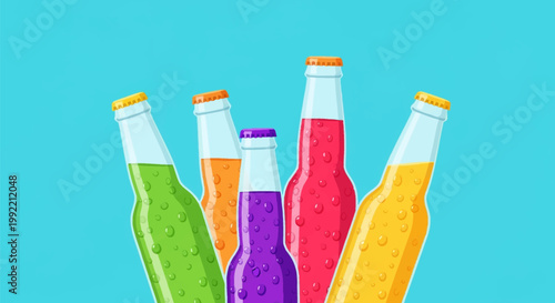 Five colorful glass soda bottles with carbonated beverages, condensation bubbles, and metal crown caps on a light blue background, flat vector illustration of assorted soft drinks.