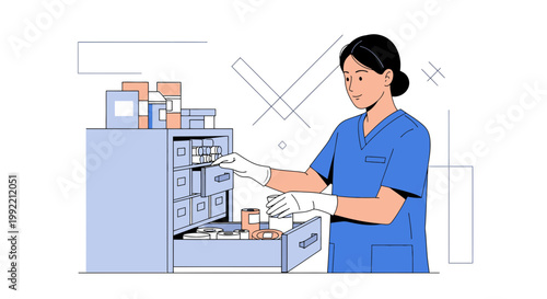 Nurse Organizing Medical Supplies in Pharmacy Cabinet