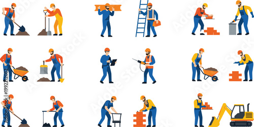 Construction Worker Activities Vector Illustration Featuring Builders Digging Carrying Materials Using Ladder Wheelbarrow and Equipment for Building Site Work Design