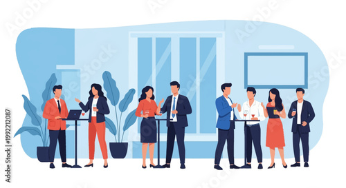 Vector illustration showing a professional corporate networking event with business people socializing, talking, and drinking around high tables in a modern office environment.