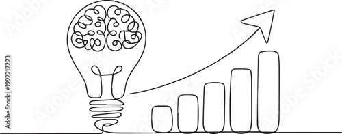 A line drawing of a lightbulb with a brain and a bar graph