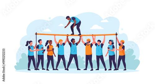 Vector illustration of a diverse professional team performing an outdoor team-building exercise, supporting a horizontal beam for a colleague to balance on, flat design style.