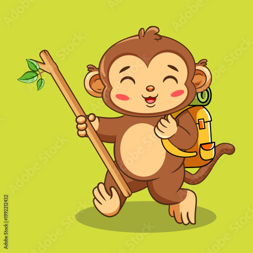 Cute Monkey Carrying Hiking Backpack and Wooden Stick Vector Illustration