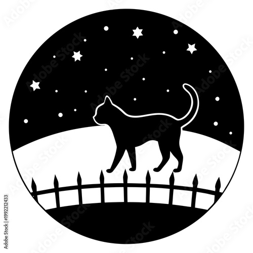 Silhouette Of A Cat Walking Along A Fence Under Stars Transparent Background