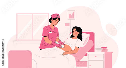 Nurse Performing Ultrasound on Pregnant Woman in Hospital Room