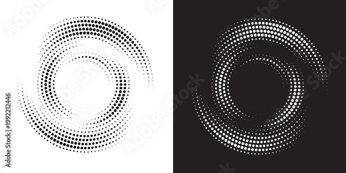 Halftone circular frame abstract design element. Original round border using halftone style dots texture. full Vector illustration on White and Black background
