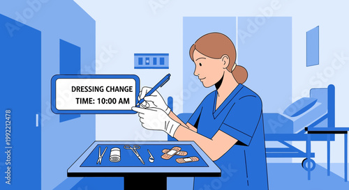 Nurse performing wound dressing change in hospital room with medical supplies